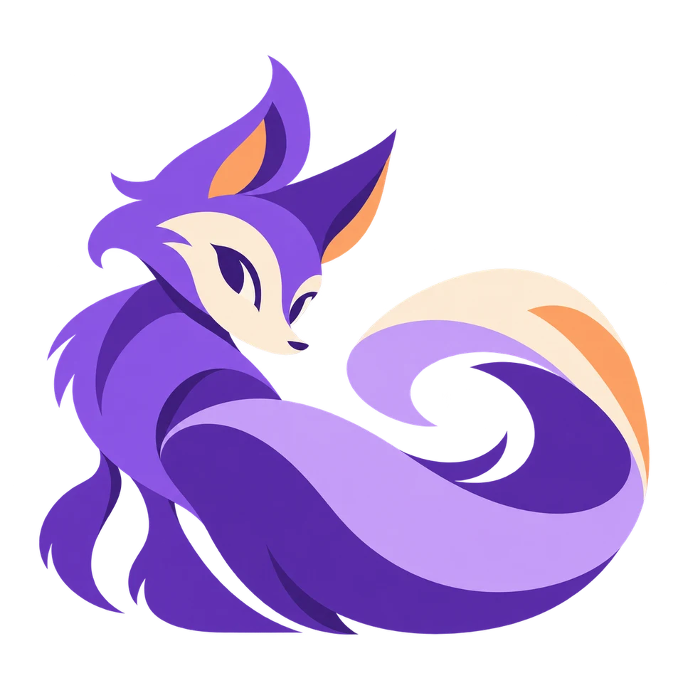 A curious violet fox with a sweeping, curled tail